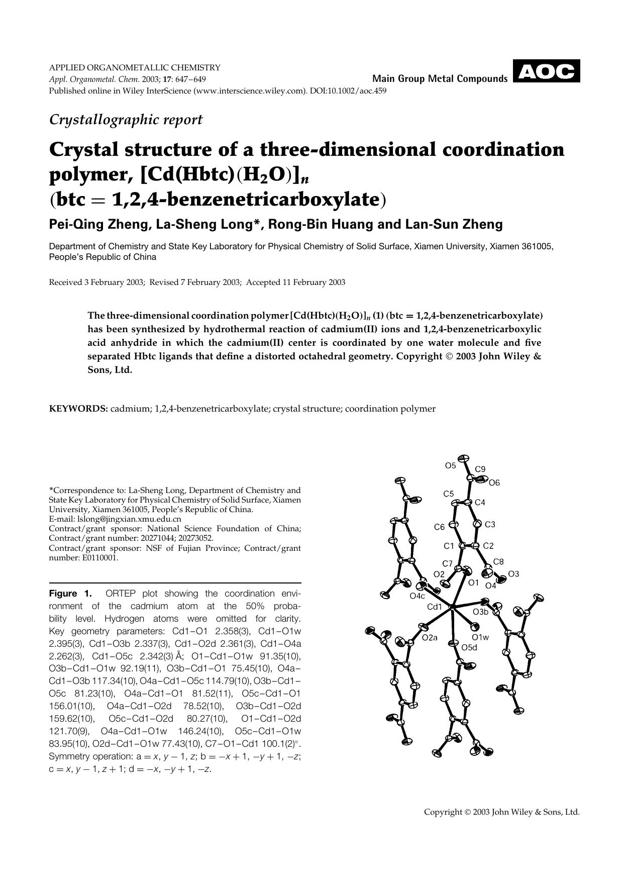 Crystallographic report: Crystal structure of a three-dimensional coordination polymer, [Cd(Hbtc)(H2O)]n (btc [equals] 1, 2, 4[minus]benzenetricarboxylate) by Unknown