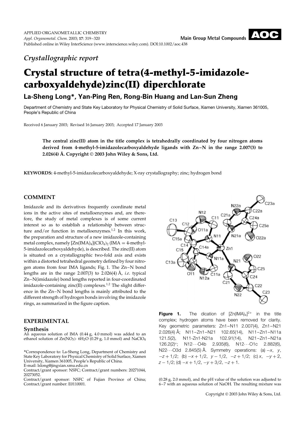 Crystallographic report: Crystal structure of tetra(4-methyl-5-imidazole-carboxyaldehyde)zinc(II) diperchlorate by Unknown