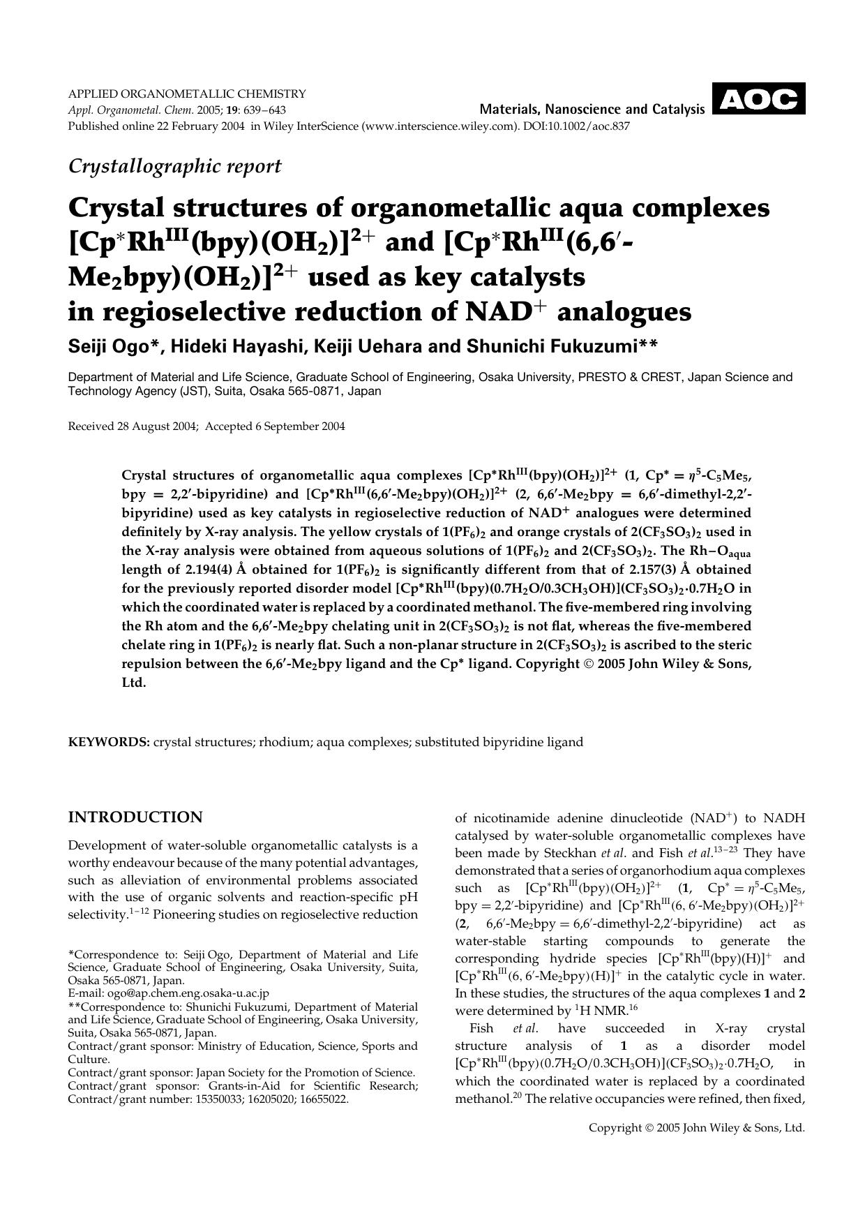 Crystallographic report: Crystal structures of organometallic aqua complexes [Cp[ast]RhIII(bpy)(OH2)]2+ and [Cp[ast]RhIII(6,6[prime]-Me2bpy)(OH2)]2+ used as key catalysts in regios by Unknown