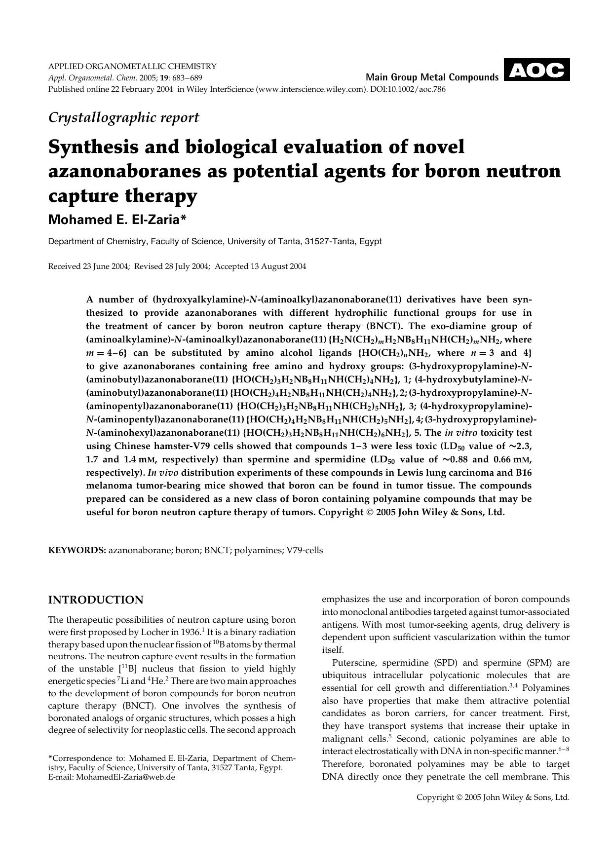 Crystallographic report: Synthesis and biological evaluation of novel azanonaboranes as potential agents for boron neutron capture therapy by Unknown