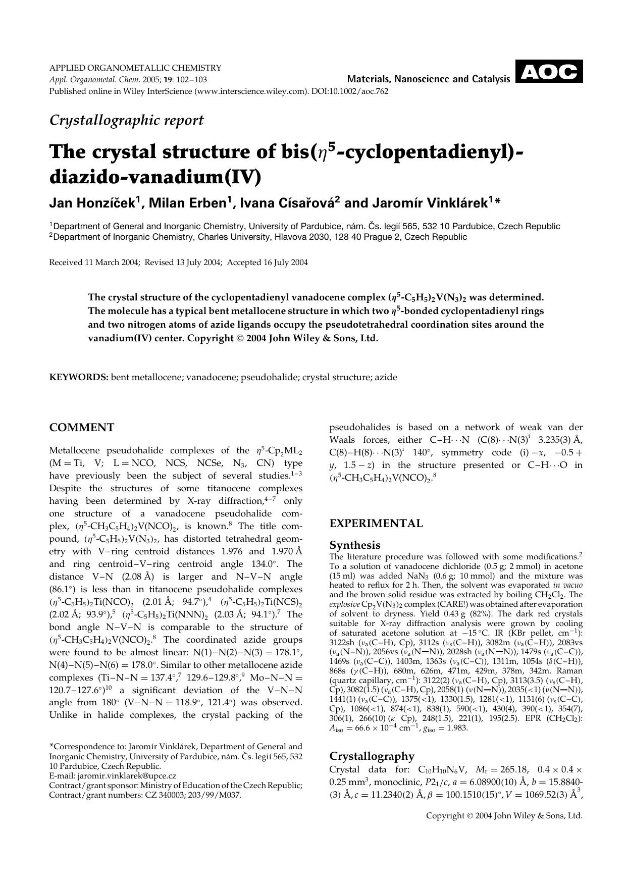 Crystallographic report: The crystal structure of bis([eta]5-cyclopentadienyl)- diazido-vanadium(IV) by Unknown