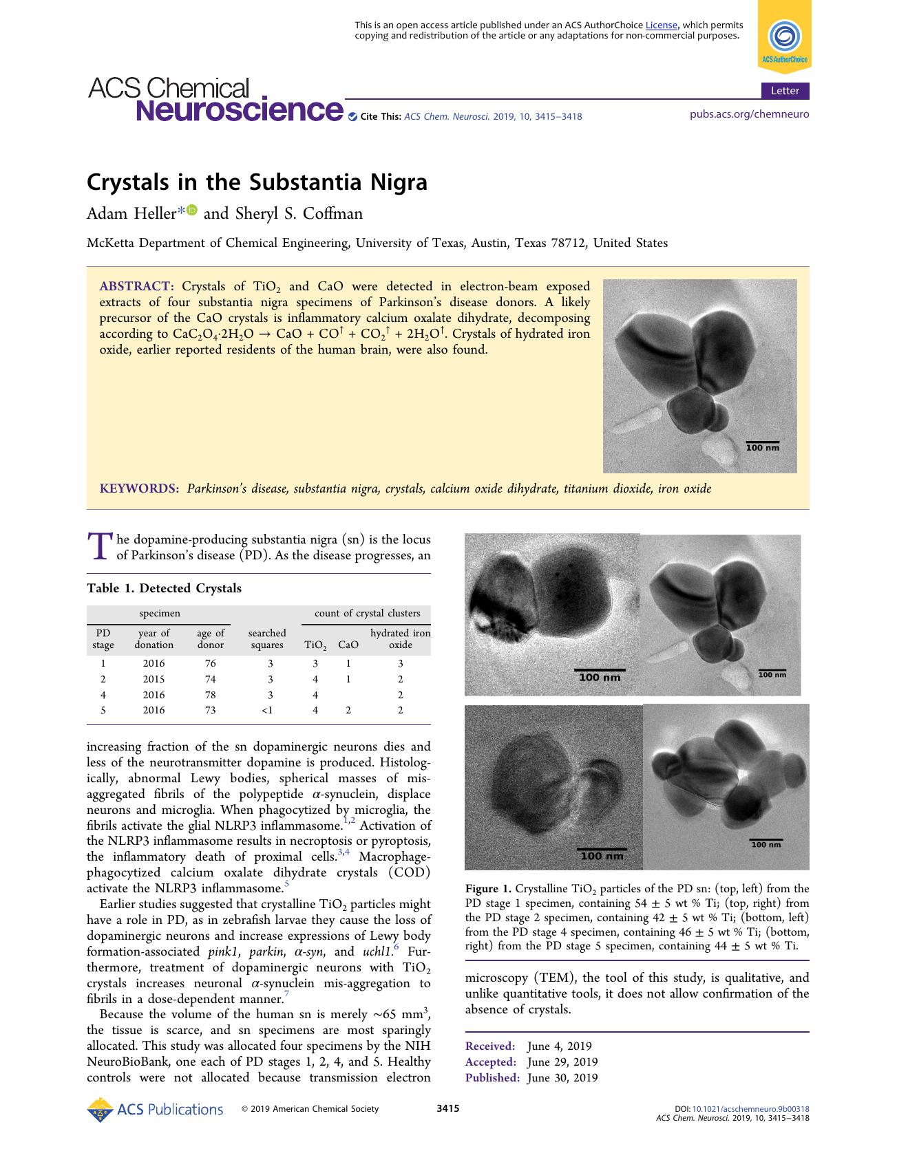 Crystals in the Substantia Nigra by Adam Heller and Sheryl S. Coffman