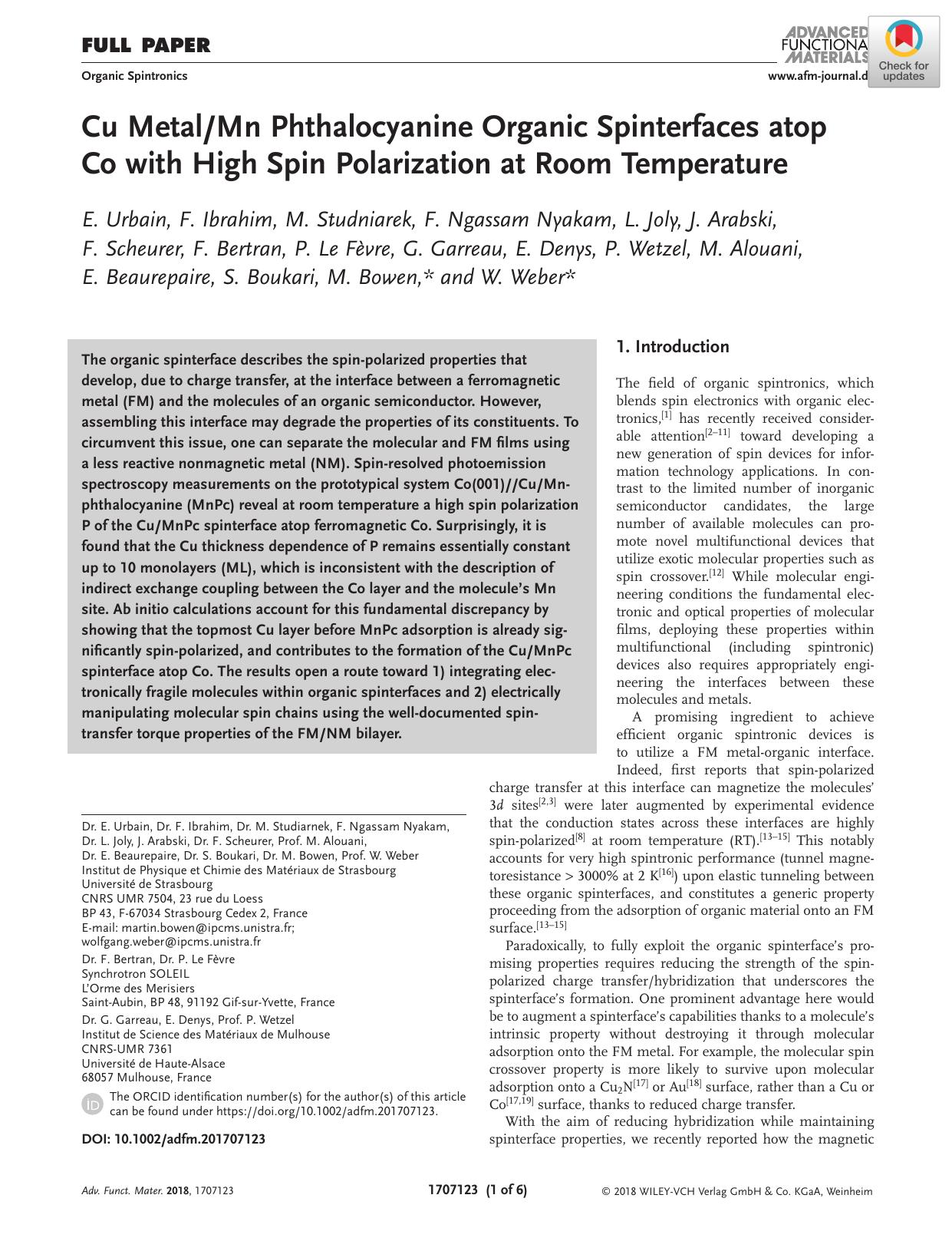 Cu MetalMn Phthalocyanine Organic Spinterfaces atop Co with High Spin Polarization at Room Temperature by Unknown