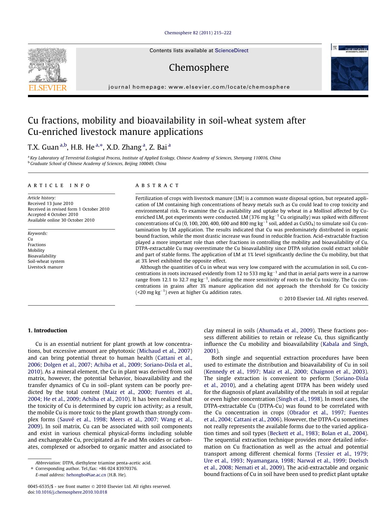 Cu fractions, mobility and bioavailability in soil-wheat system after Cu-enriched livestock manure applications by T.X. Guan & H.B. He & X.D. Zhang & Z. Bai