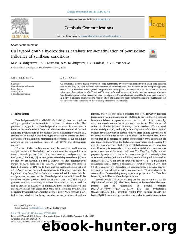 Cu layered double hydroxides as catalysts for N-methylation of p-anisidine_ Influence of synthesis conditions by M.V. Bukhtiyarova & A.L. Nuzhdin & A.V. Bukhtiyarov & T.Y. Kardash & A.V. Romanenko