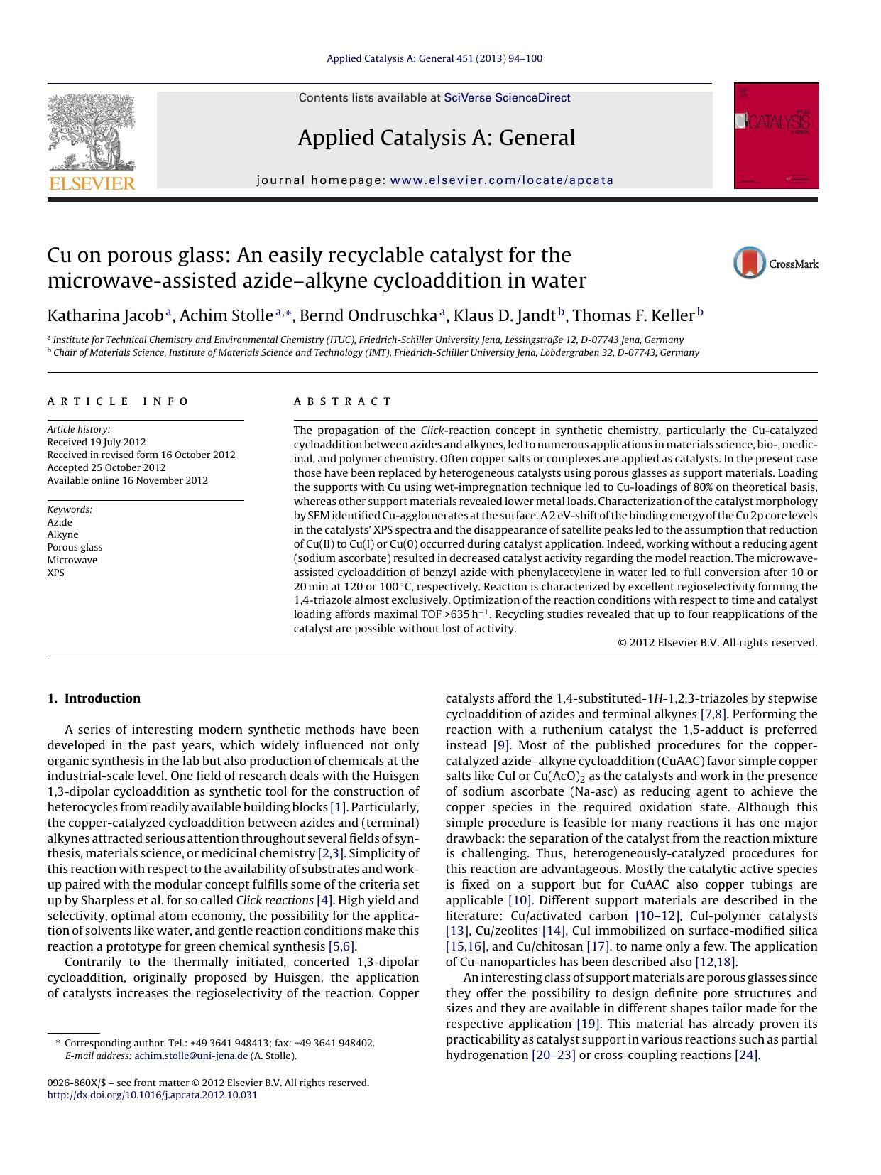 Cu on porous glass: An easily recyclable catalyst for the microwave-assisted azideâalkyne cycloaddition in water by Katharina Jacob