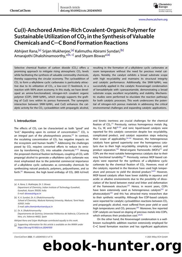 Cu(I)&#x02010;Anchored Amine&#x02010;Rich Covalent&#x02010;Organic Polymer for Sustainable Utilization of CO2 in the Synthesis of Valuable Chemicals and C&#x02500;C Bond Formation Reactions by Unknown