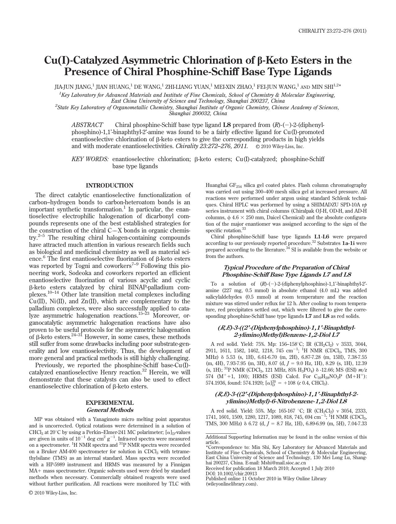 Cu(I)catalyzed asymmetric chlorination of keto esters in the presence of chiral phosphineschiff base type ligands by Unknown