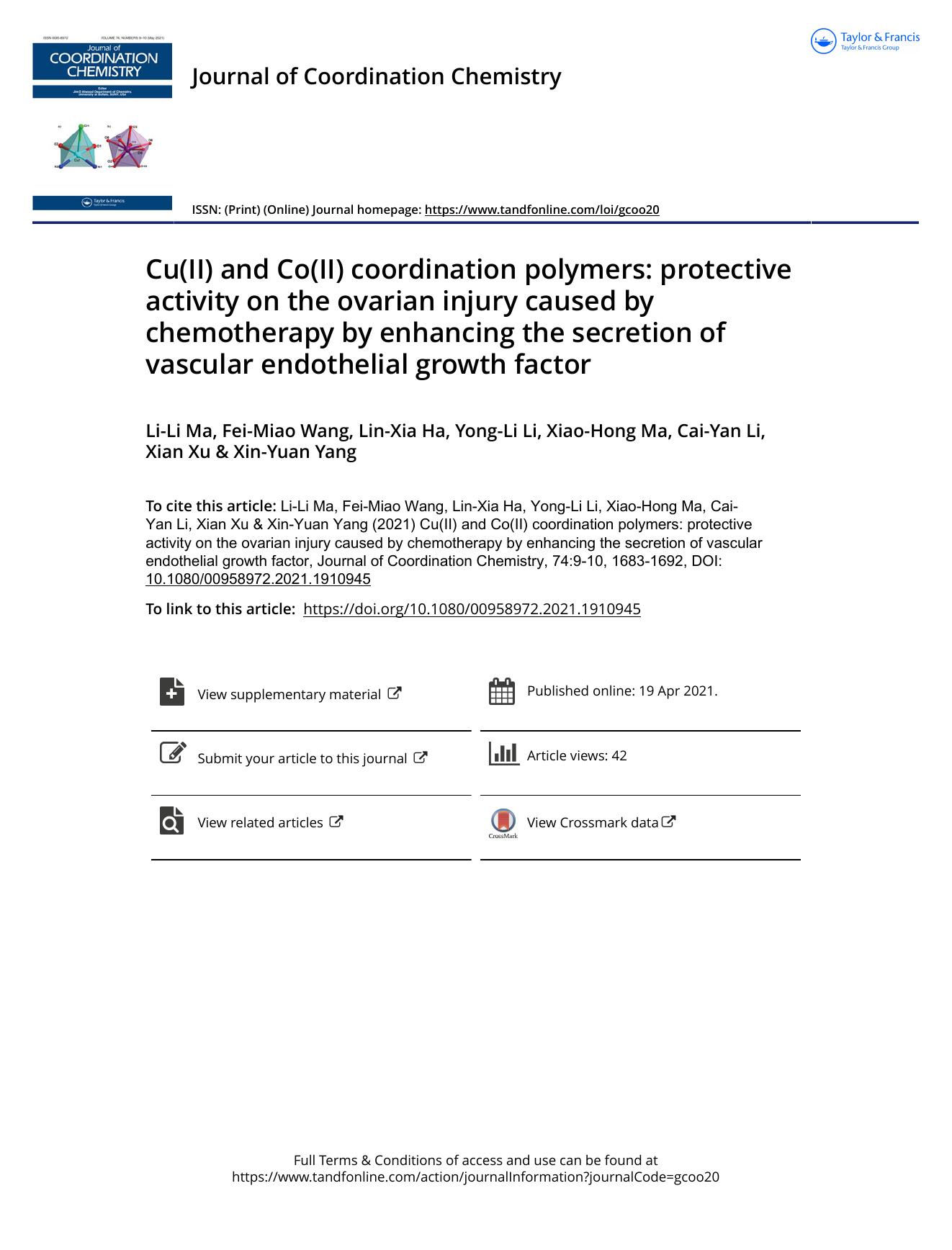 Cu(II) and Co(II) coordination polymers: protective activity on the ovarian injury caused by chemotherapy by enhancing the secretion of vascular endothelial growth factor by unknow