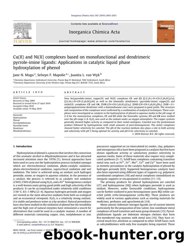 Cu(II) and Ni(II) complexes based on monofunctional and dendrimeric pyrrole-imine ligands: Applications in catalytic liquid phase hydroxylation of phenol by Jane N. Mugo & Selwyn F. Mapolie & Juanita L. van Wyk