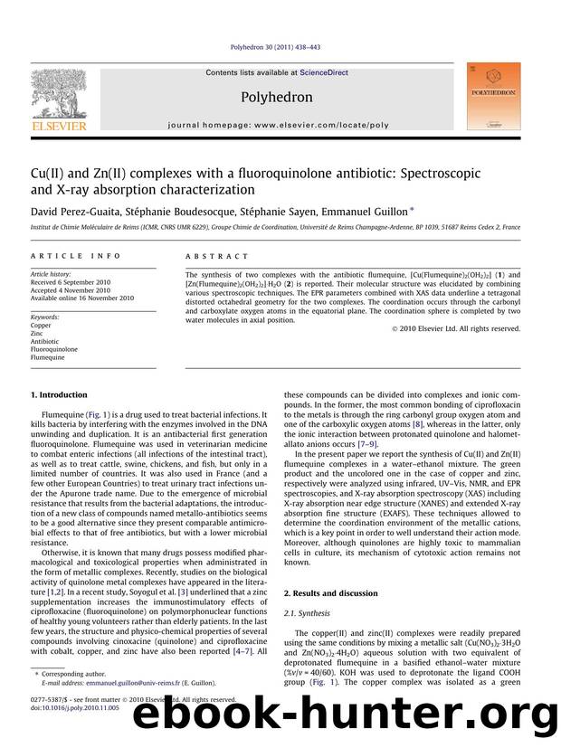 Cu(II) and Zn(II) complexes with a fluoroquinolone antibiotic: Spectroscopic and X-ray absorption characterization by David Perez-Guaita & Stéphanie Boudesocque & Stéphanie Sayen & Emmanuel Guillon