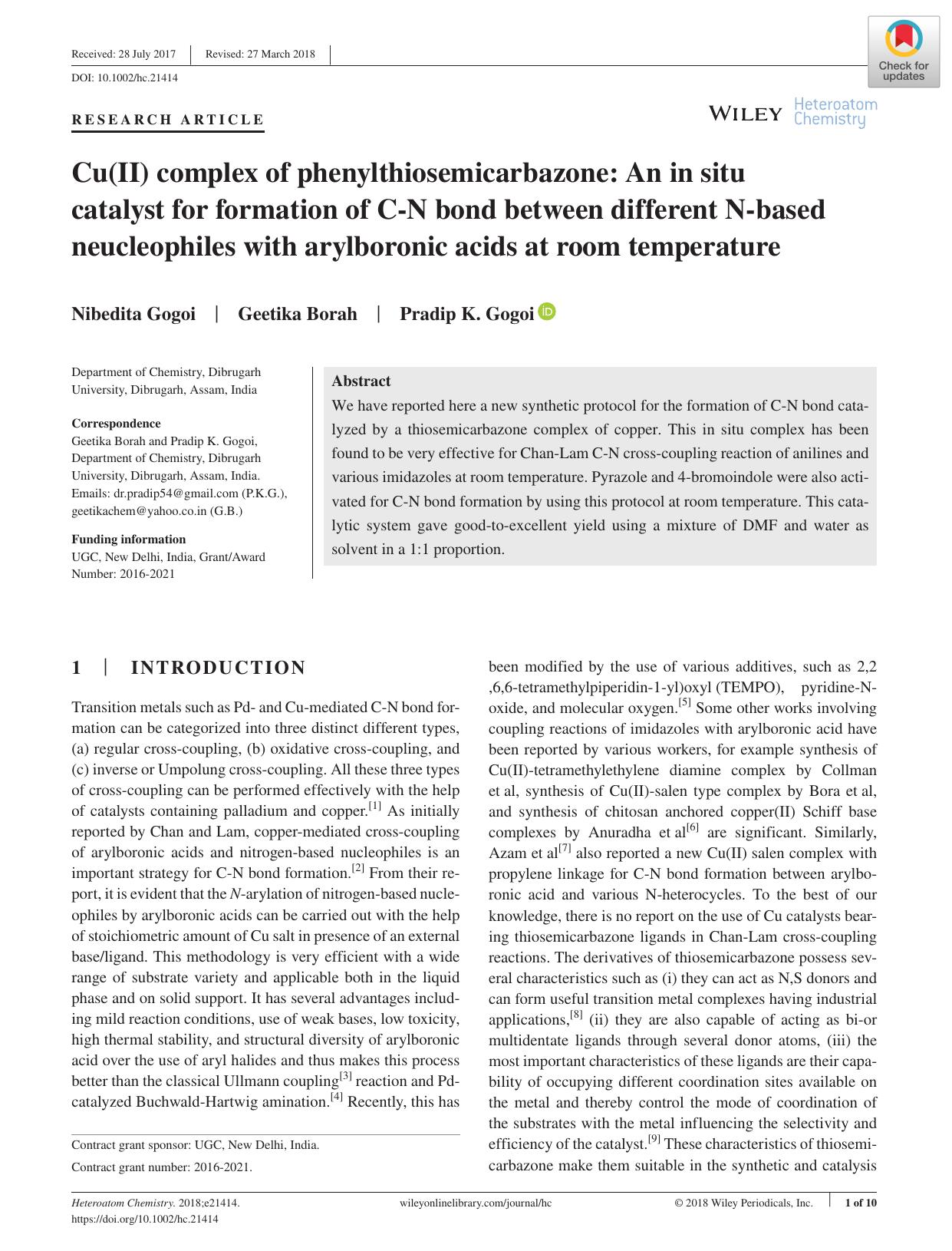 Cu(II) complex of phenylthiosemicarbazone: An in situ catalyst for formation of CâN bond between different Nâbased neucleophiles with arylboronic acids at room temperature by Unknown