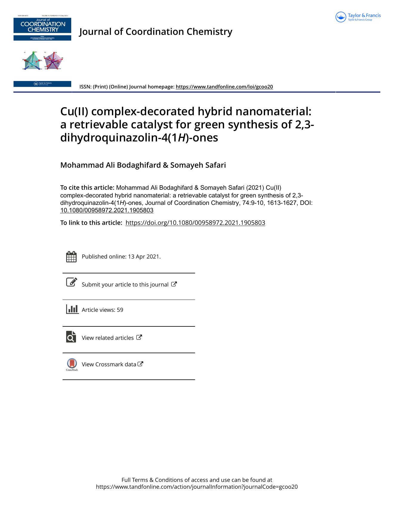 Cu(II) complex-decorated hybrid nanomaterial: a retrievable catalyst for green synthesis of 2,3-dihydroquinazolin-4(1H)-ones by Bodaghifard Mohammad Ali & Safari Somayeh