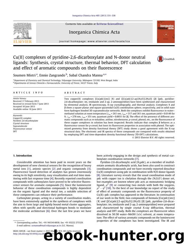 Cu(II) complexes of pyridine-2,6-dicarboxylate and N-donor neutral ligands: Synthesis, crystal structure, thermal behavior, DFT calculation and effect of aromatic compounds on their fluorescence by Soumen Mistri & Ennio Zangrando & Subal Chandra Manna