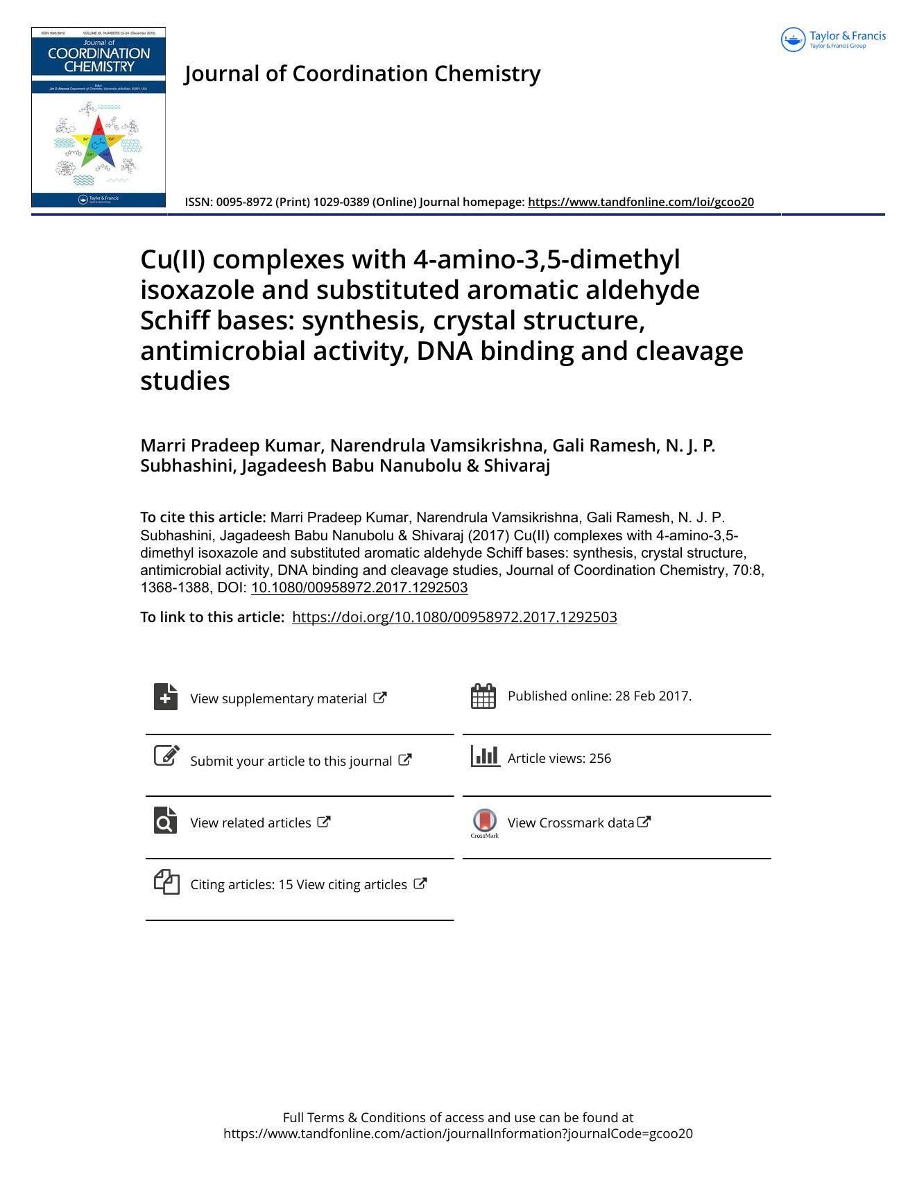 Cu(II) complexes with 4-amino-3,5-dimethyl isoxazole and substituted aromatic aldehyde Schiff bases: synthesis, crystal structure, antimicrobial activity, DNA binding and cleavage studies by unknow