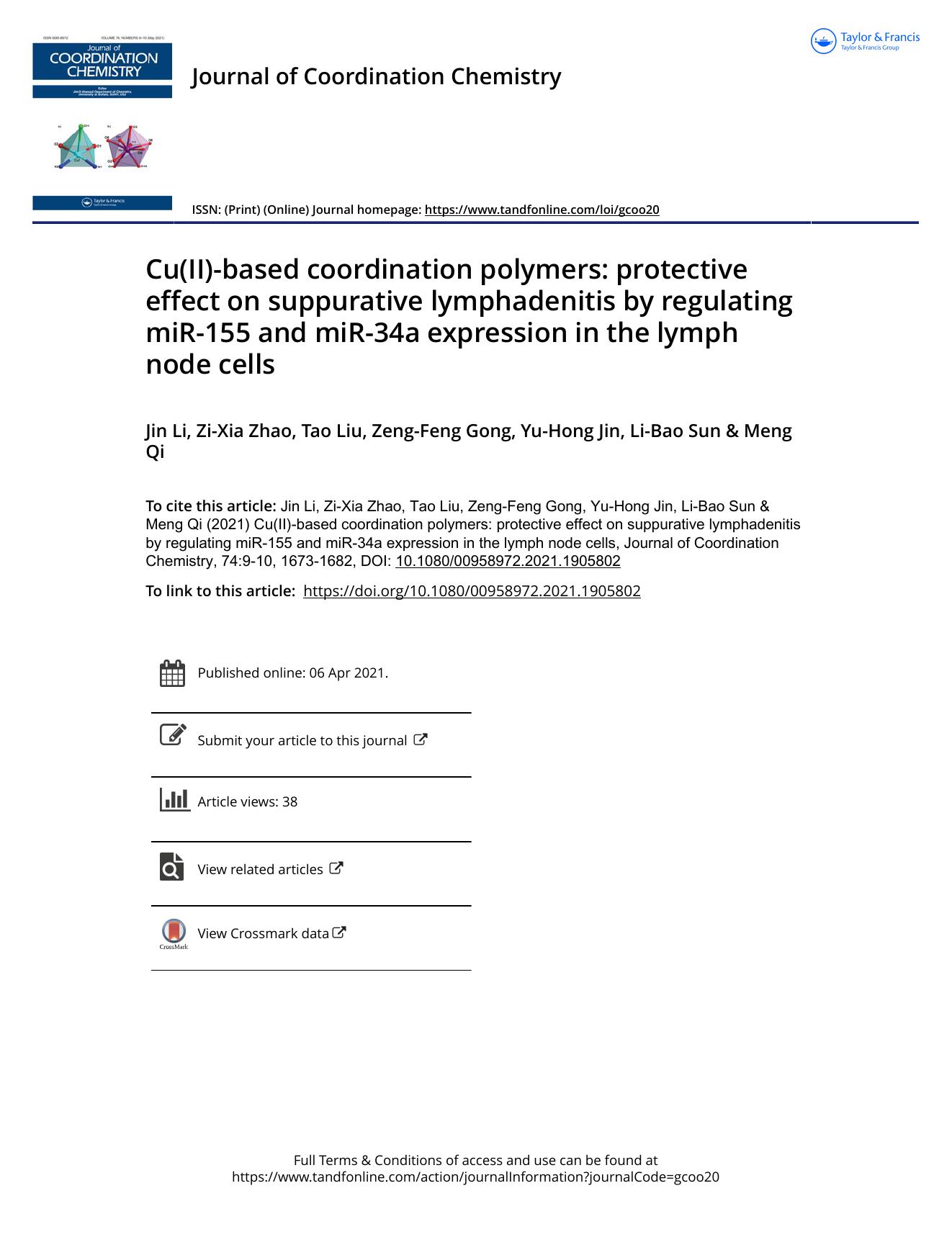 Cu(II)-based coordination polymers: protective effect on suppurative lymphadenitis by regulating miR-155 and miR-34a expression in the lymph node cells by Li Jin & Zhao Zi-Xia & Liu Tao & Gong Zeng-Feng & Jin Yu-Hong & Sun Li-Bao & Qi Meng