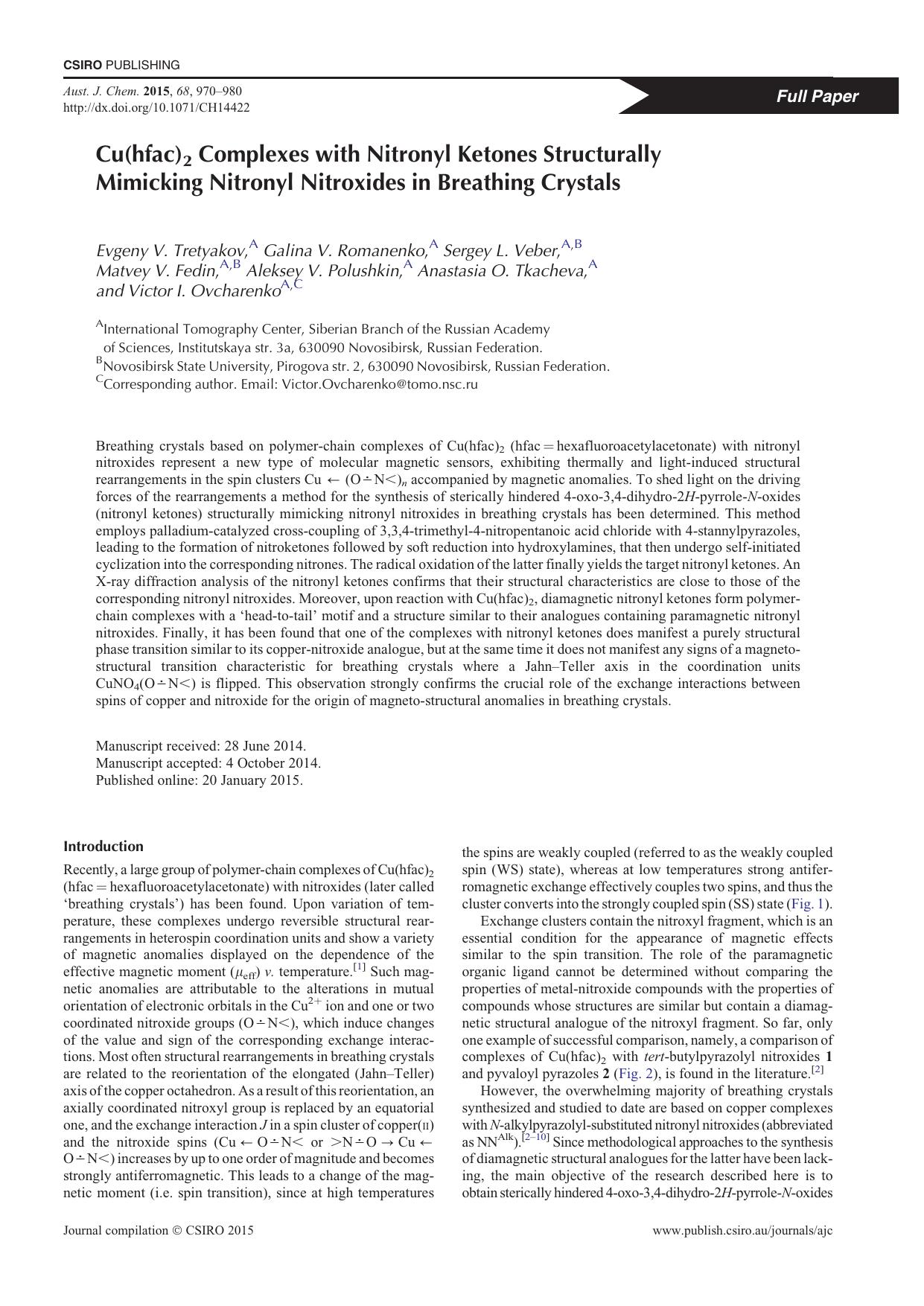 Cu(hfac)2 Complexes with Nitronyl Ketones Structurally Mimicking Nitronyl Nitroxides in Breathing Crystals by E. V. Tretyakov et al