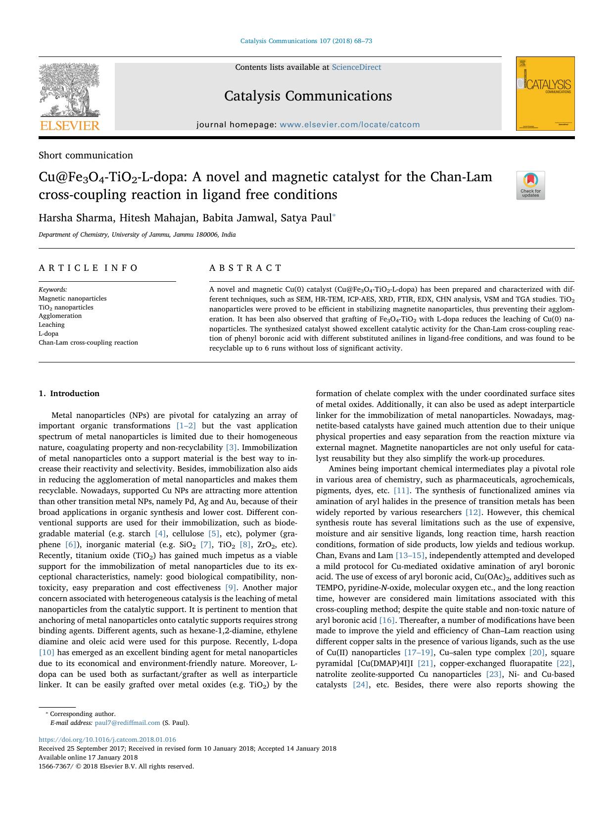 Cu@Fe3O4-TiO2-L-dopa_ A novel and magnetic catalyst for the Chan-Lam cross-coupling reaction in ligand free conditions by Harsha Sharma & Hitesh Mahajan & Babita Jamwal & Satya Paul