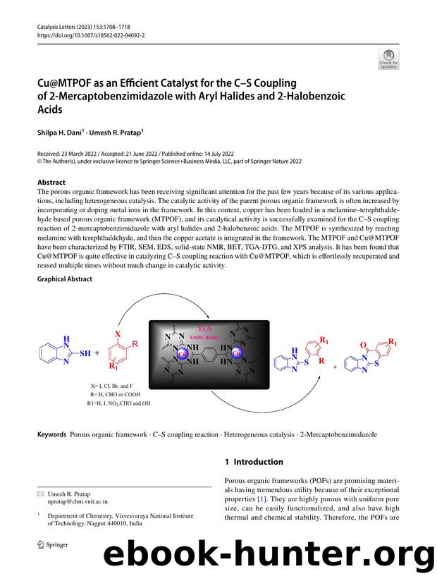 Cu@MTPOF as an Efficient Catalyst for the CâS Coupling of 2-Mercaptobenzimidazole with Aryl Halides and 2-Halobenzoic Acids by Shilpa H. Dani & Umesh R. Pratap