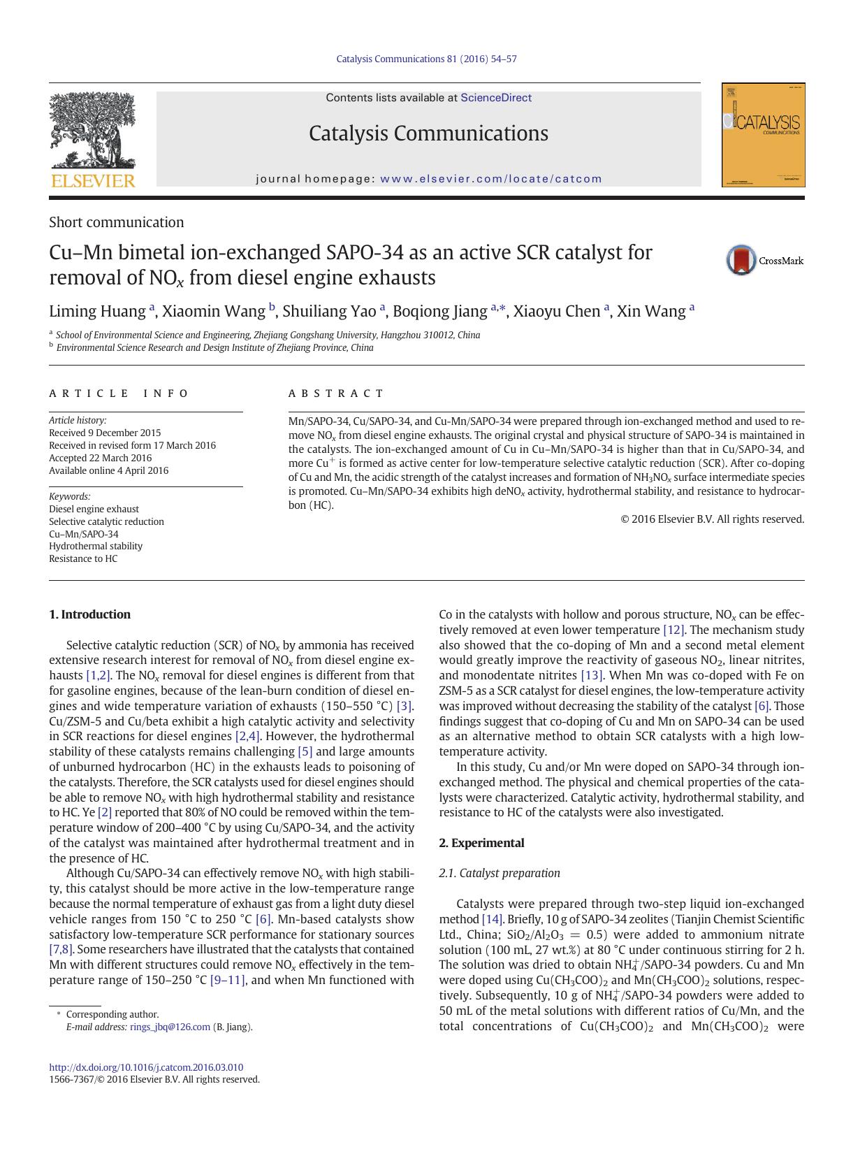 CuâMn bimetal ion-exchanged SAPO-34 as an active SCR catalyst for removal of NOx from diesel engine exhausts by Liming Huang & Xiaomin Wang & Shuiliang Yao & Boqiong Jiang & Xiaoyu Chen & Xin Wang