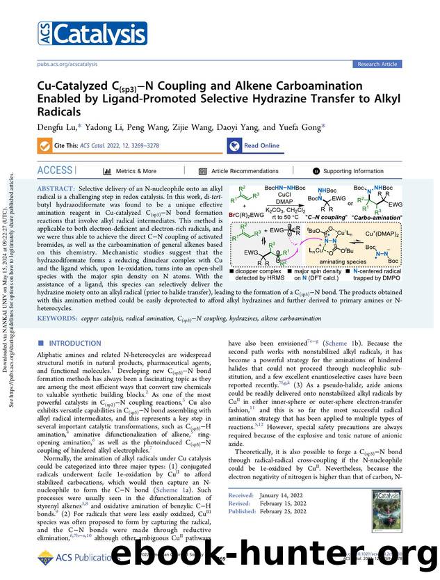 Cu-Catalyzed C(sp3)âN Coupling and Alkene Carboamination Enabled by Ligand-Promoted Selective Hydrazine Transfer to Alkyl Radicals by Dengfu Lu Yadong Li Peng Wang Zijie Wang Daoyi Yang & Yuefa Gong