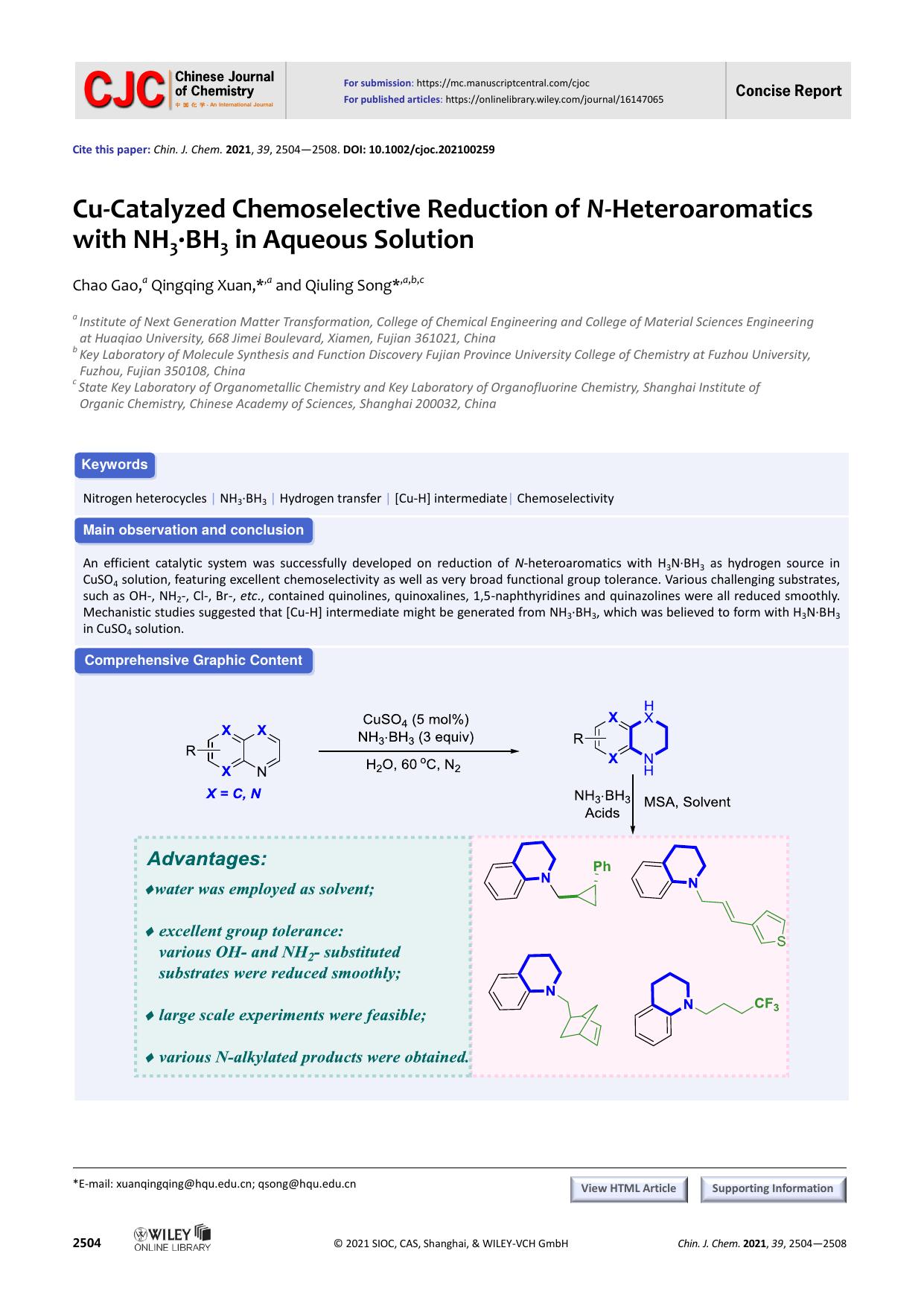 Cu-Catalyzed Chemoselective Reduction of N-Heteroaromatics with NH3âBH3 in Aqueous Solution by user