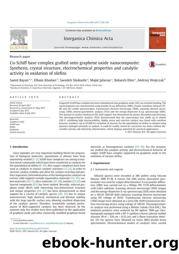 Cu-Schiff base complex grafted onto graphene oxide nanocomposite: Synthesis, crystal structure, electrochemical properties and catalytic activity in oxidation of olefins by Saeed Rayati & Elham Khodaei & Saeedeh Shokoohi & Majid Jafarian & Bahareh Elmi & Andrzej Wojtczak