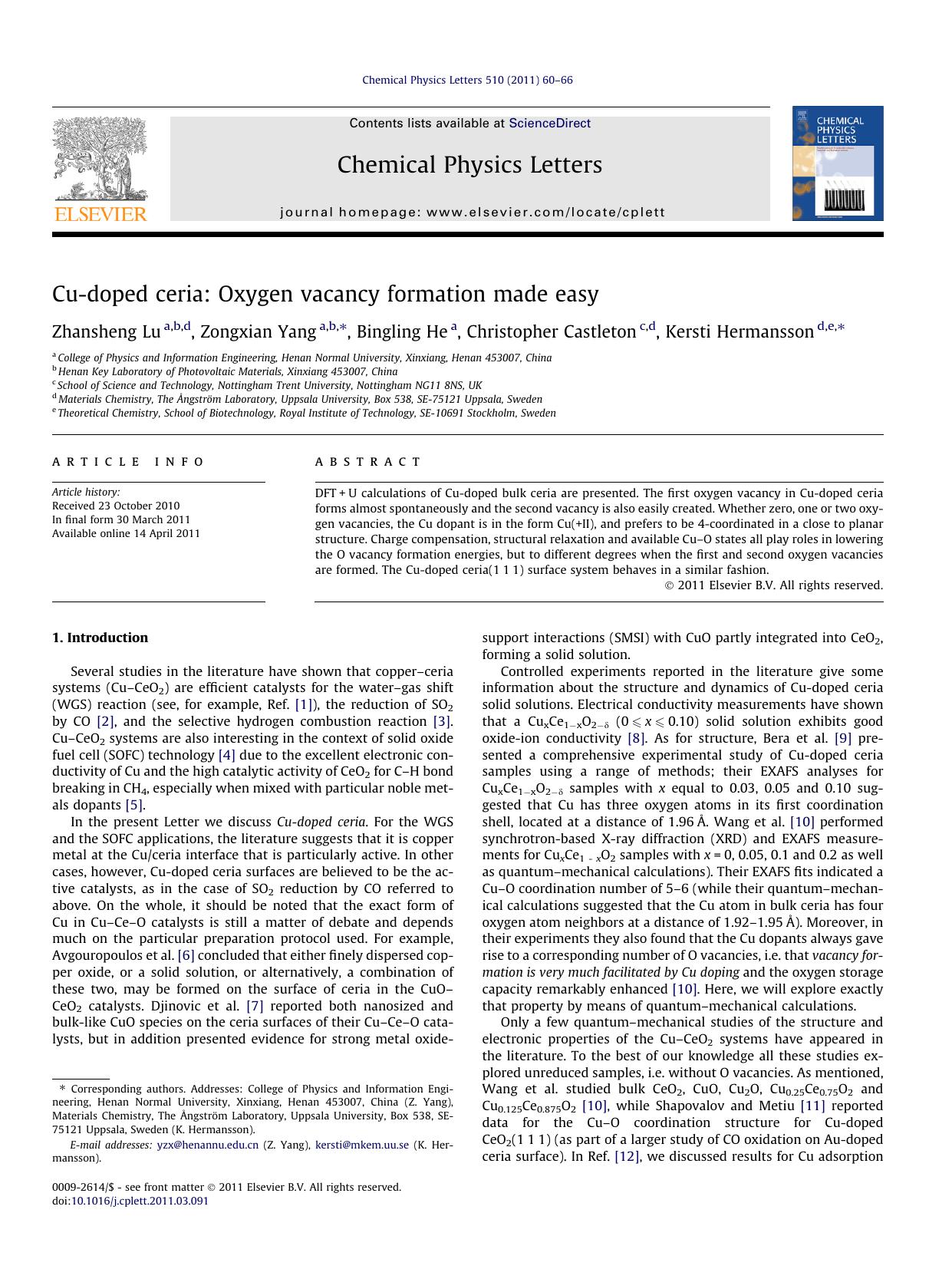 Cu-doped ceria: Oxygen vacancy formation made easy by Zhansheng Lu & Zongxian Yang & Bingling He & Christopher Castleton & Kersti Hermansson