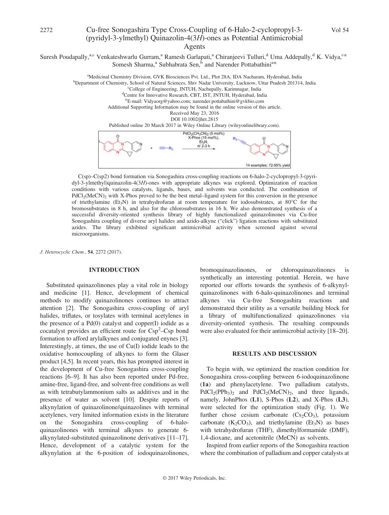 Cu-free Sonogashira Type Cross-Coupling of 6-Halo-2-cyclopropyl-3-(pyridyl-3-ylmethyl) Quinazolin-4(3H)-ones as Potential Antimicrobial Agents by unknow