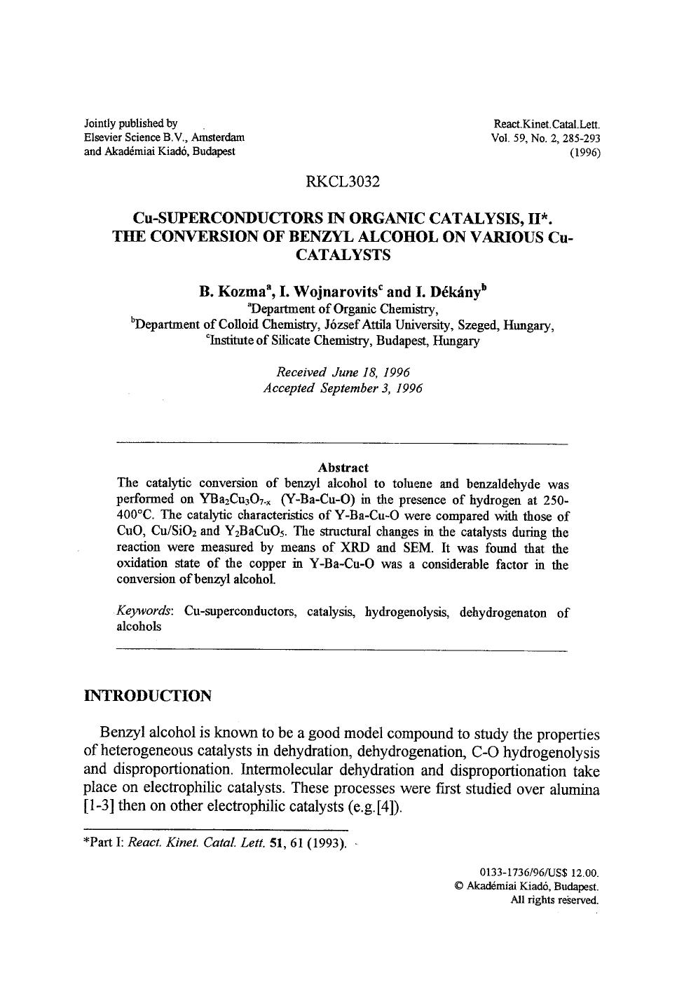 Cu-superconductors in organic catalysis, II. The conversion of benzyl alcohol on various Cu-catalysts by Unknown