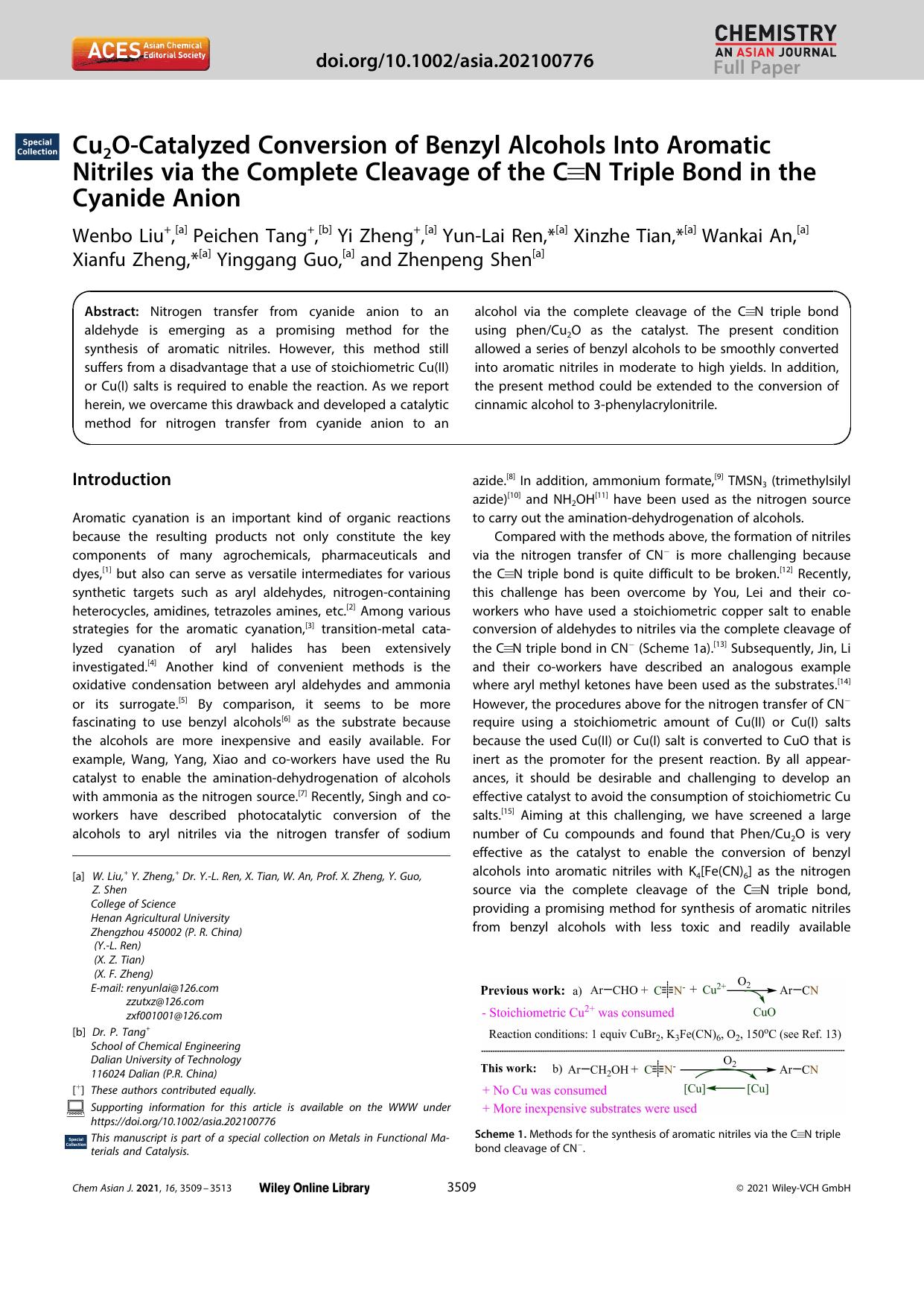Cu2OâCatalyzed Conversion of Benzyl Alcohols Into Aromatic Nitriles via the Complete Cleavage of the Câ¡N Triple Bond in the Cyanide Anion by Unknown