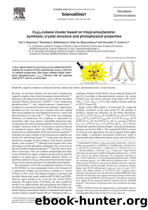 Cu4I4-cubane cluster based on tris(p-anisyl)arsine: Synthesis, crystal structure and photophysical properties by Yan V. Demyanov & Marianna I. Rakhmanova & Irina Yu. Bagryanskaya & Alexander V. Artem'ev