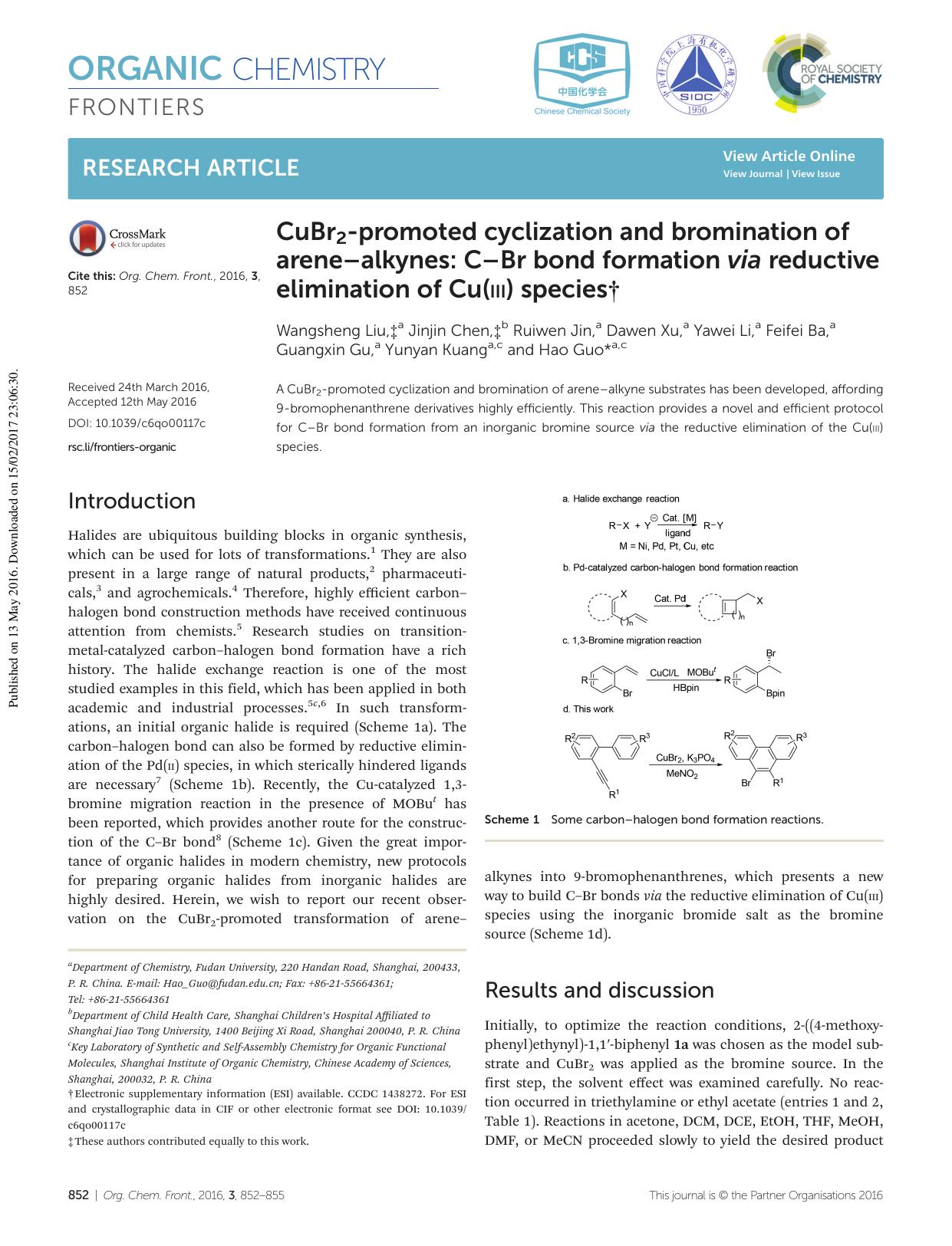 CuBr2-promoted cyclization and bromination of areneâalkynes: CâBr bond formation via reductive elimination of Cu(III) species by unknow