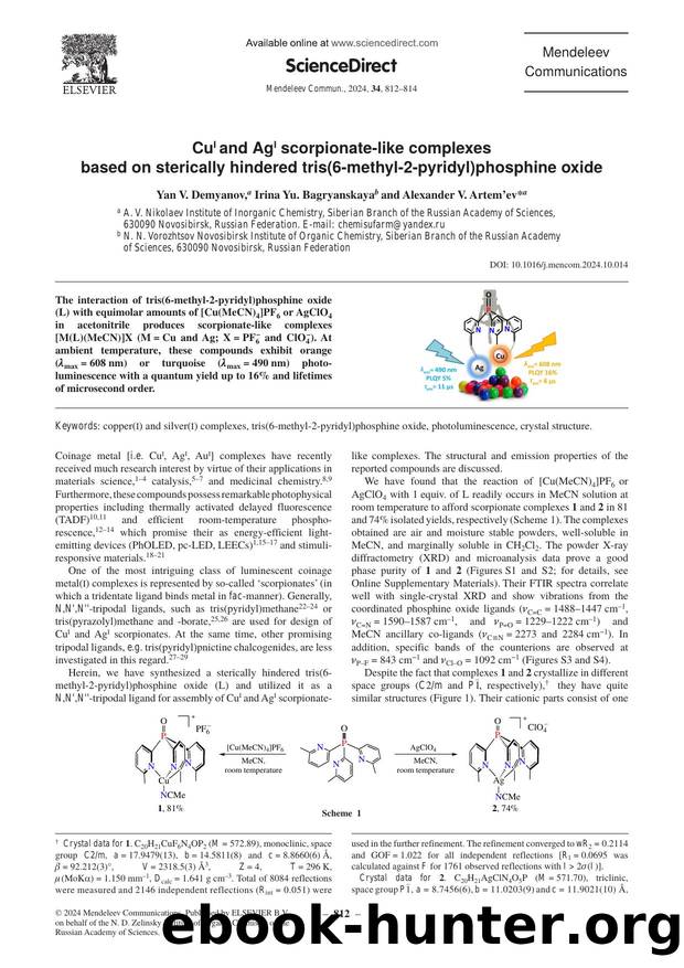 CuI and AgI scorpionate-like complexes based on sterically hindered tris(6-methyl-2-pyridyl)phosphine oxide by Yan V. Demyanov & Irina Yu. Bagryanskaya & Alexander V. Artem’ev