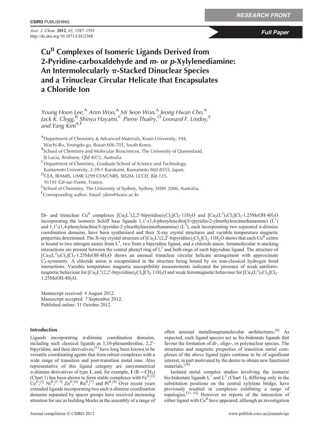 CuII Complexes of Isomeric Ligands Derived from 2-Pyridine-carboxaldehyde and m- or p-Xylylenediamine: An Intermolecularly pi-Stacked Dinuclear Species and a Trinuclear Circular He by Y. H. Lee et al
