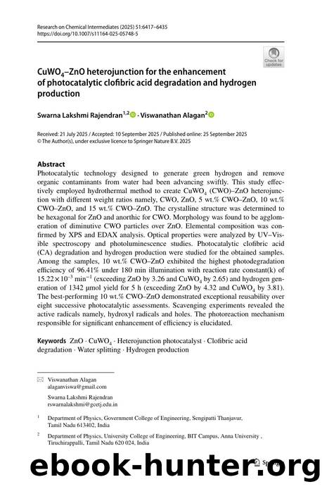 CuWO4âZnO heterojunction for the enhancement of photocatalytic clofibric acid degradation and hydrogen production by Swarna Lakshmi Rajendran & Viswanathan Alagan