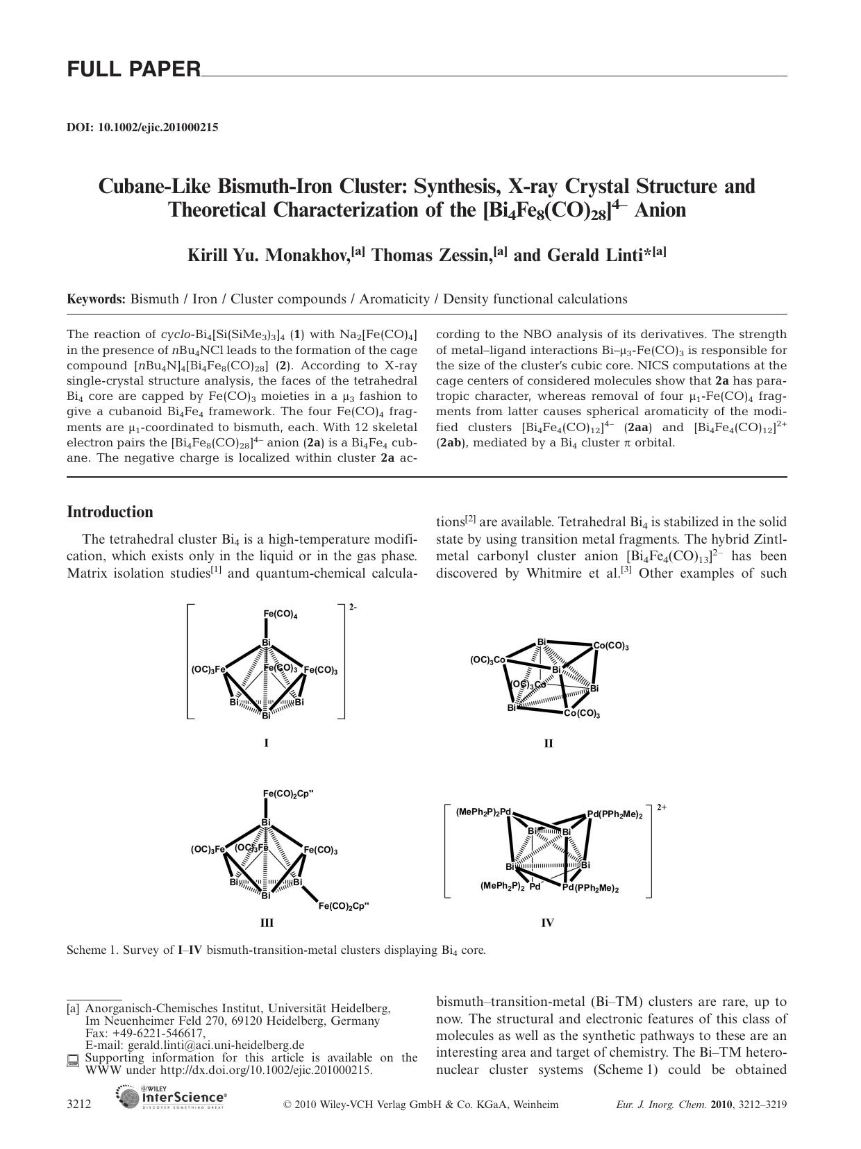Cubane?Like Bismuth?Iron Cluster: Synthesis, X?ray Crystal Structure and Theoretical Characterization of the [Bi4Fe8(CO)28]4? Anion by Unknown
