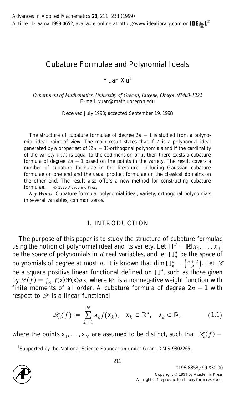 Cubature Formulae and Polynomial Ideals by Xu Y