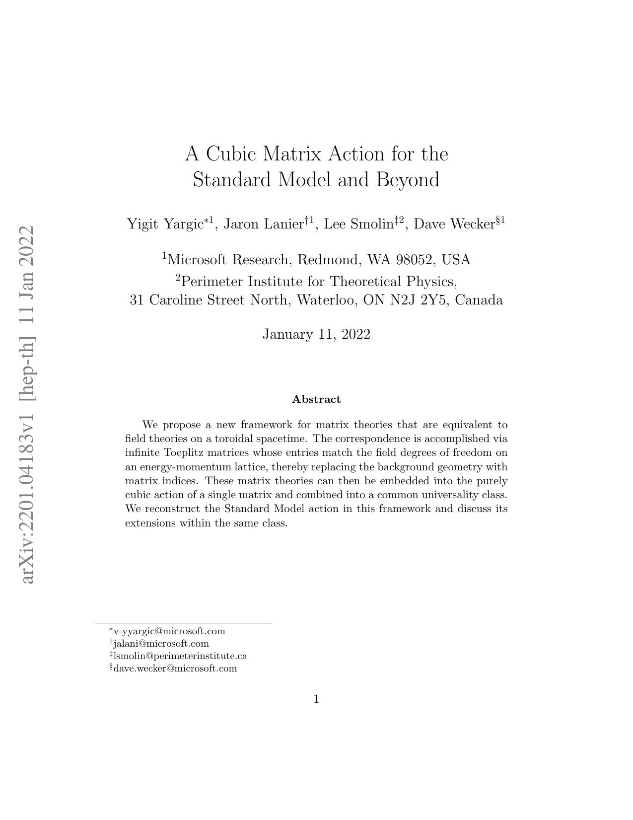 Cubic Matrix Action for the Standard Model and Beyond (2022) by Unknown