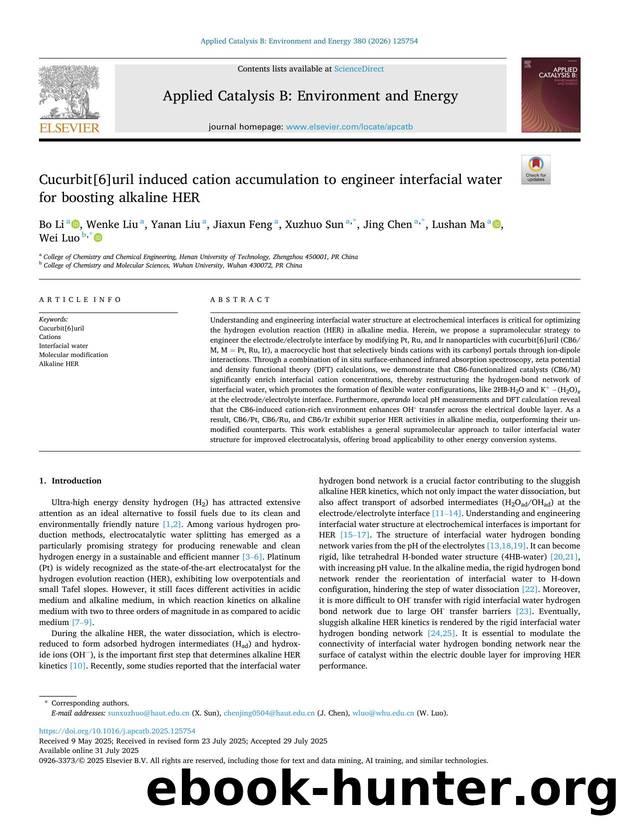 Cucurbit[6]uril induced cation accumulation to engineer interfacial water for boosting alkaline HER by Bo Li