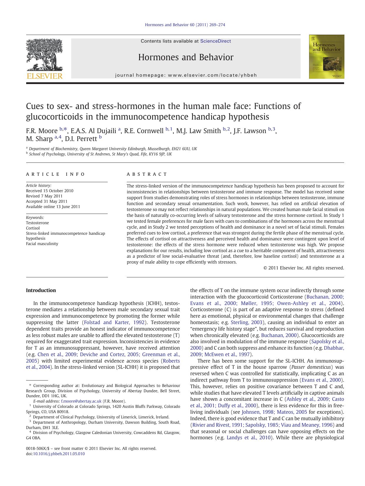 Cues to sex- and stress-hormones in the human male face: Functions of glucocorticoids in the immunocompetence handicap hypothesis by unknow