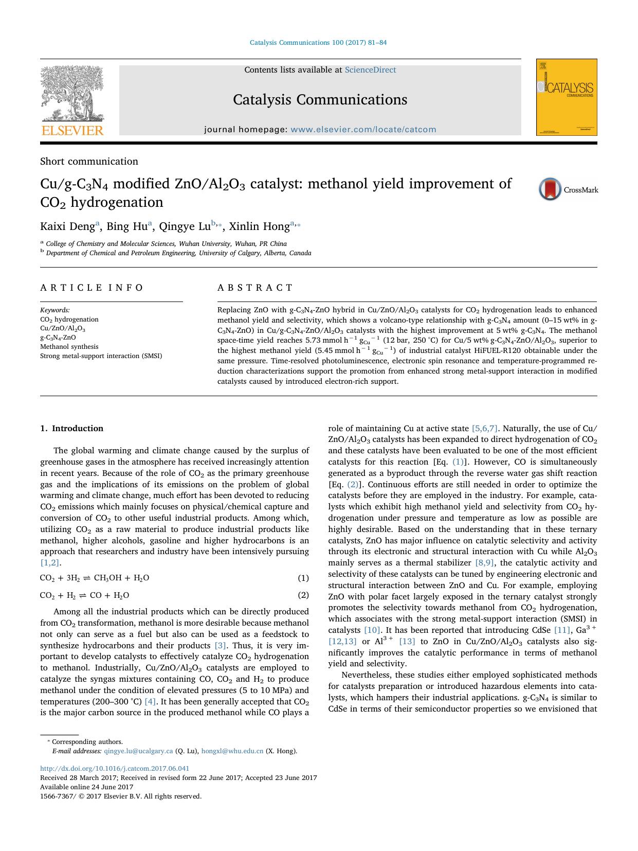 Cug-C3N4 modified ZnOAl2O3 catalyst_ methanol yield improvement of CO2 hydrogenation by Kaixi Deng & Bing Hu & Qingye Lu & Xinlin Hong