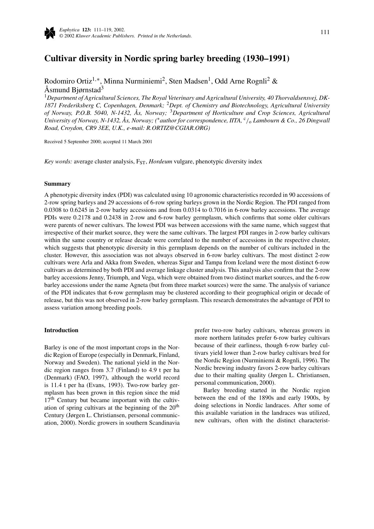 Cultivar diversity in Nordic spring barley breeding (1930&#x2013;1991) by Unknown