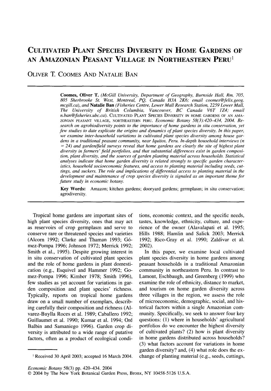 Cultivated plant species diversity in home gardens of an Amazonian peasant village in Northeastern Peru by Unknown