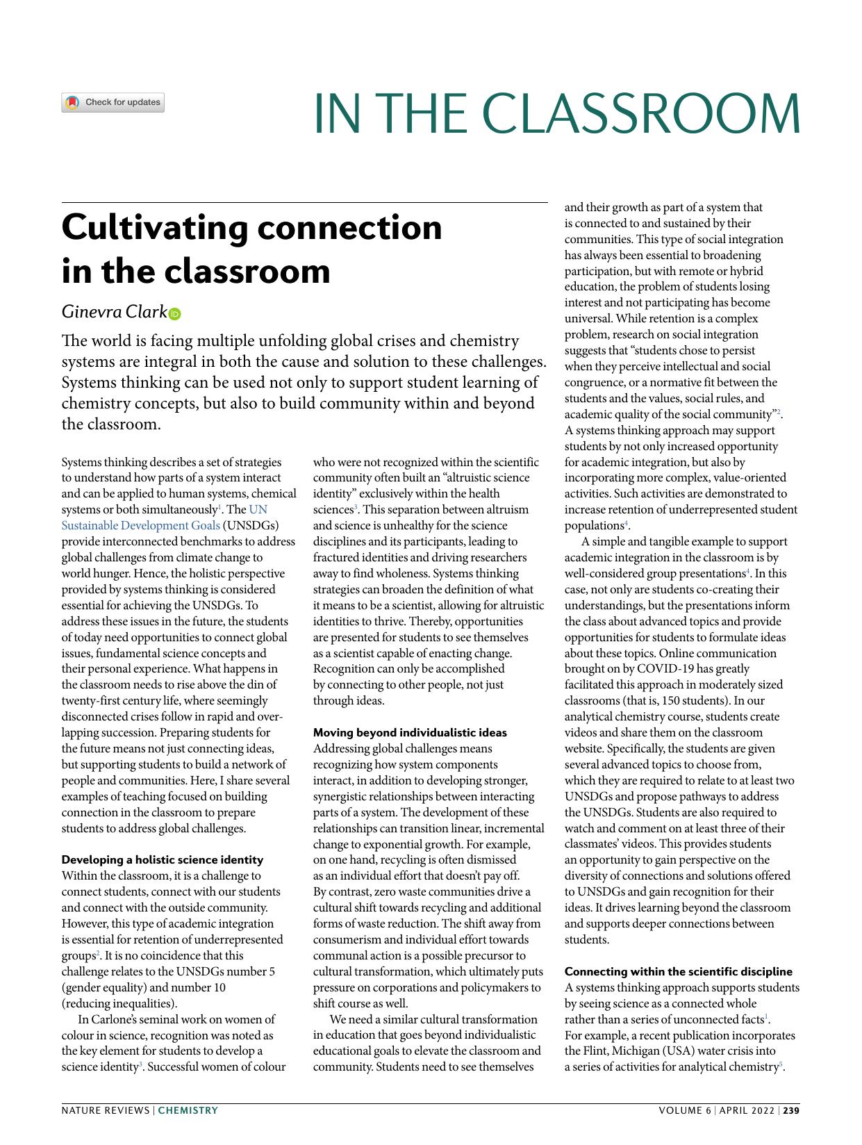 Cultivating connection in the classroom by Ginevra Clark