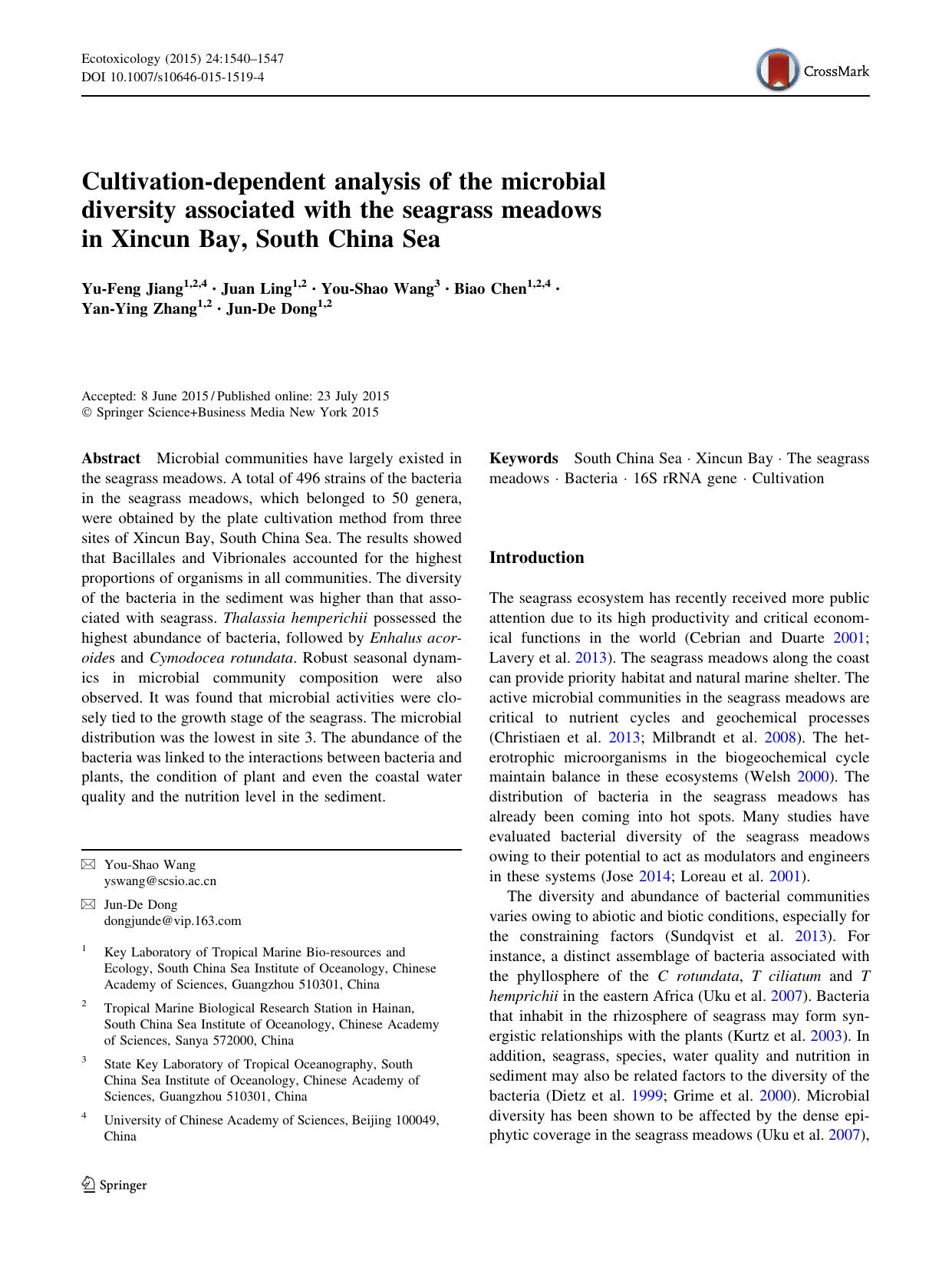 Cultivation-dependent analysis of the microbial diversity associated with the seagrass meadows in Xincun Bay, South China Sea by Yu-Feng Jiang & Juan Ling & You-Shao Wang & Biao Chen & Yan-Ying Zhang & Jun-De Dong