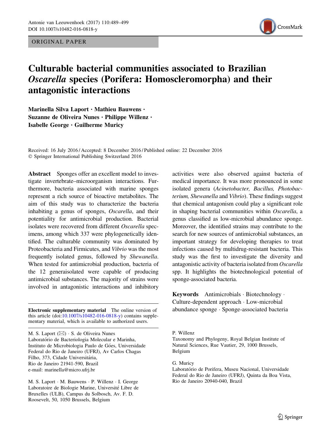 Culturable bacterial communities associated to Brazilian Oscarella species (Porifera: Homoscleromorpha) and their antagonistic interactions by unknow