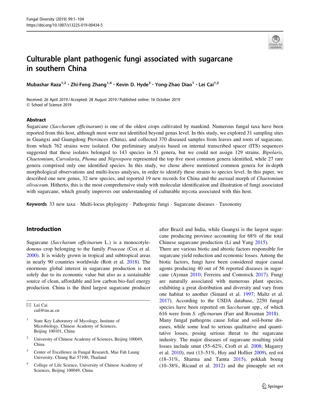 Culturable plant pathogenic fungi associated with sugarcane in southern China by Mubashar Raza & Zhi-Feng Zhang & Kevin D. Hyde & Yong-Zhao Diao & Lei Cai