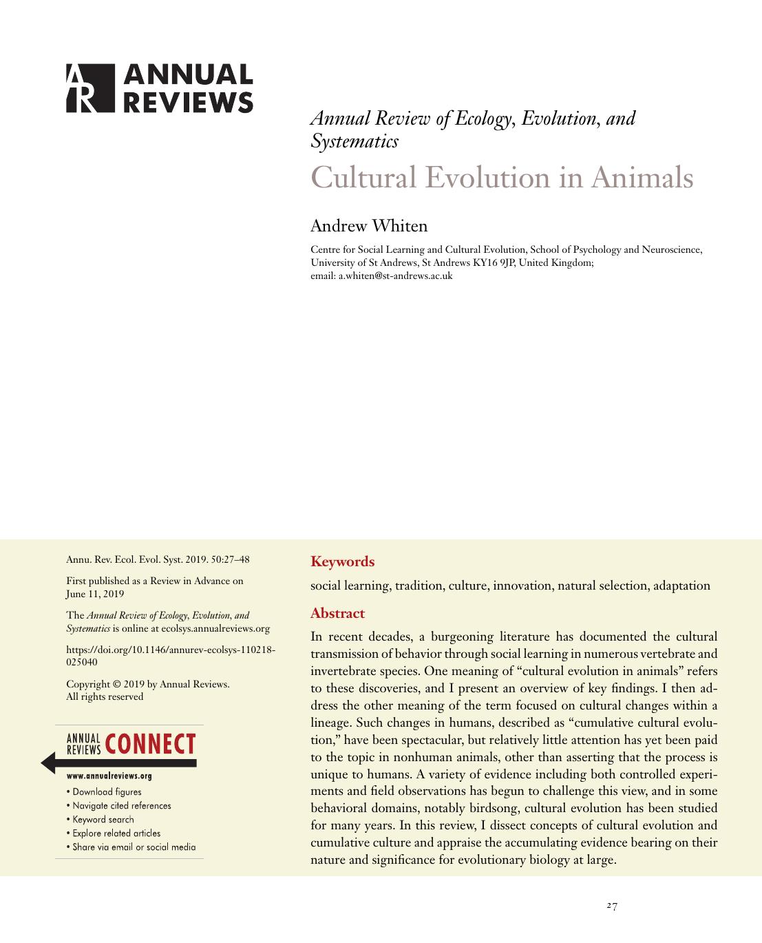 Cultural Evolution in Animals by Andrew Whiten