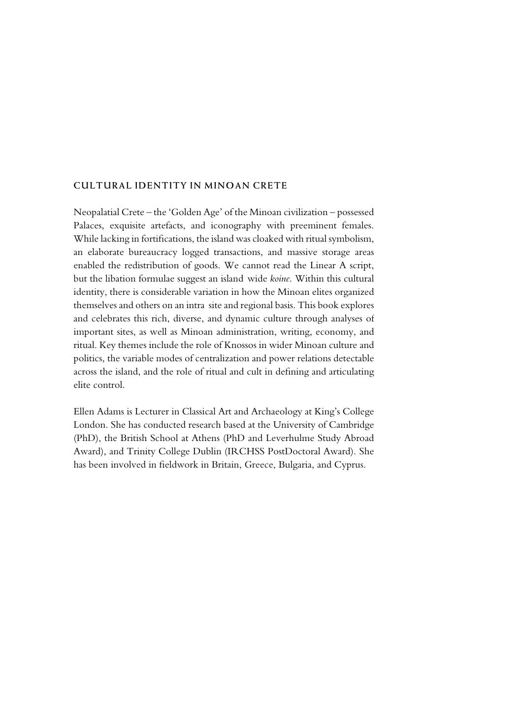 Cultural Identity in Minoan Crete: Social Dynamics in the Neopalatial Period by Ellen Adams